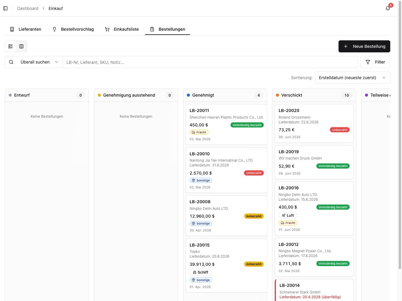 Lieferantenbestellungen in der Kanban-Ansicht